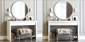 IKEA Malm Dressing Table with Langesund Round Mirror and Strandmon Gray Ottoman