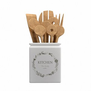 Wooden Kitchen Utensils with Holder 3D model