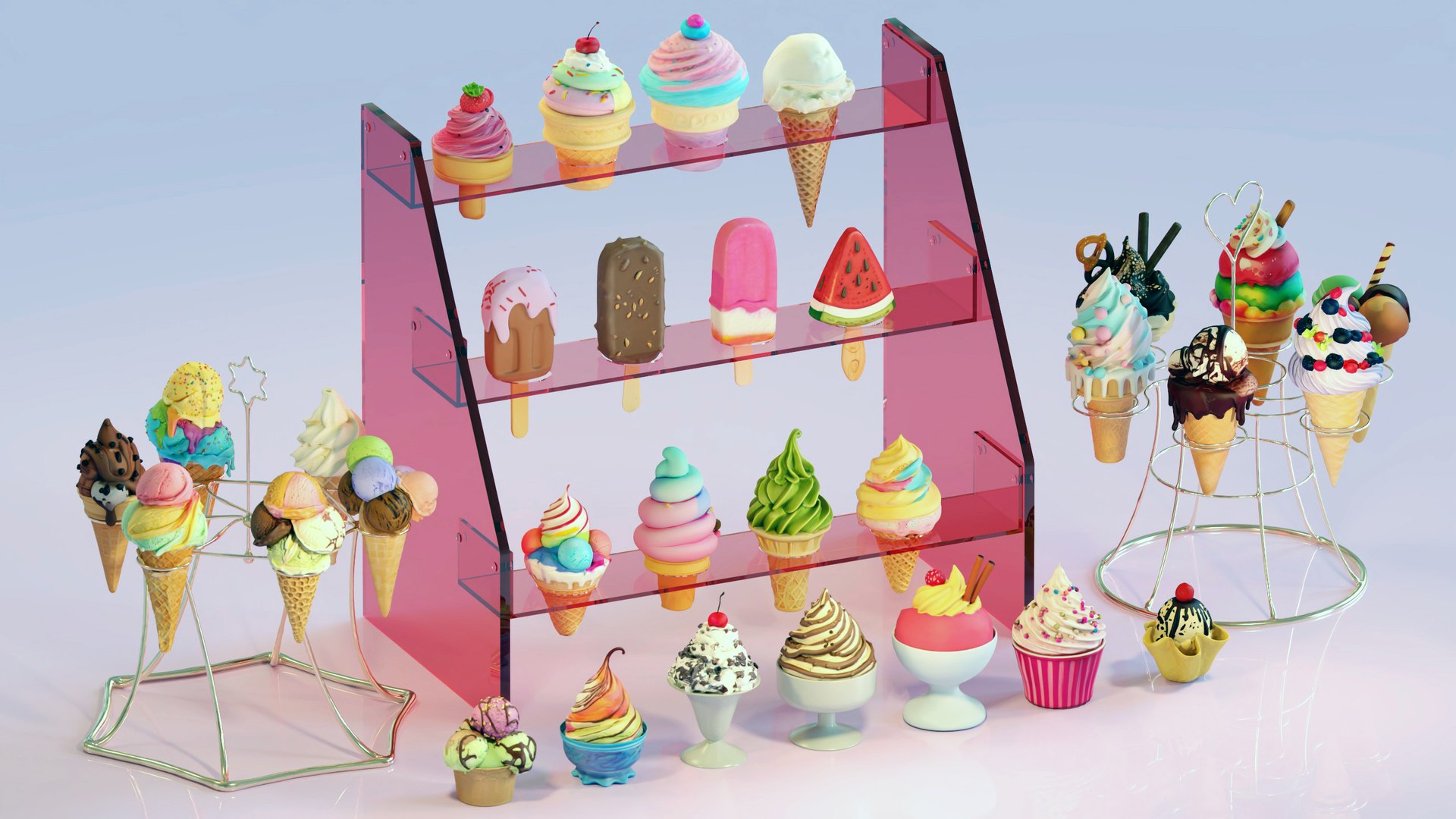 Delicious Ice Cream Collection Colorful Dessert Set Low-poly 3D Models ...