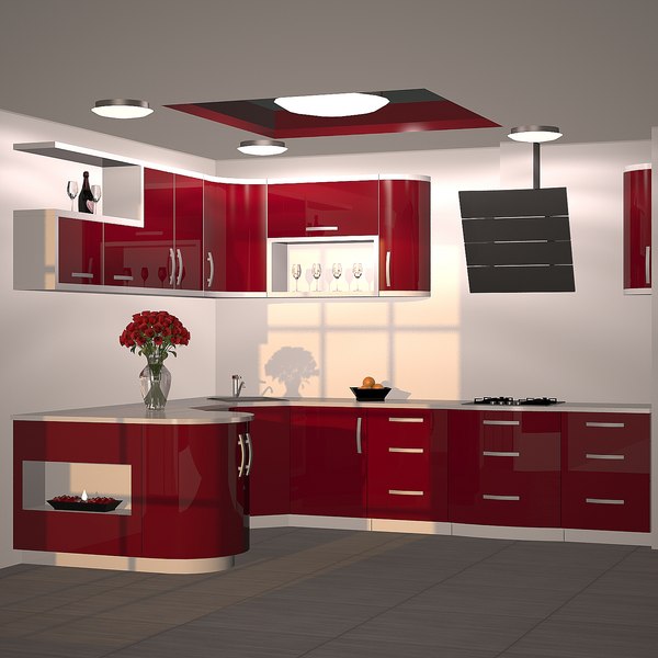 3d model kitchen furniture red