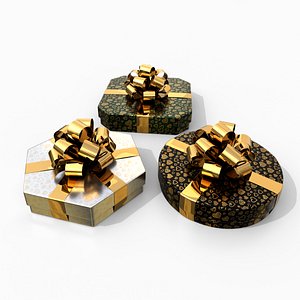 3D model Gift Boxes - Flat Trio with Glossy Ribbon Rosette