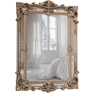 3D Classic Fireplace Antique Wall Mirror in Carved Wooden Frame 3D model