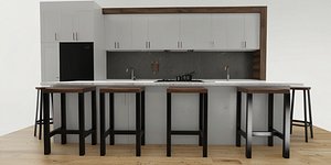 Contemporary White and Wood Kitchen Design with Island and Bar Stools