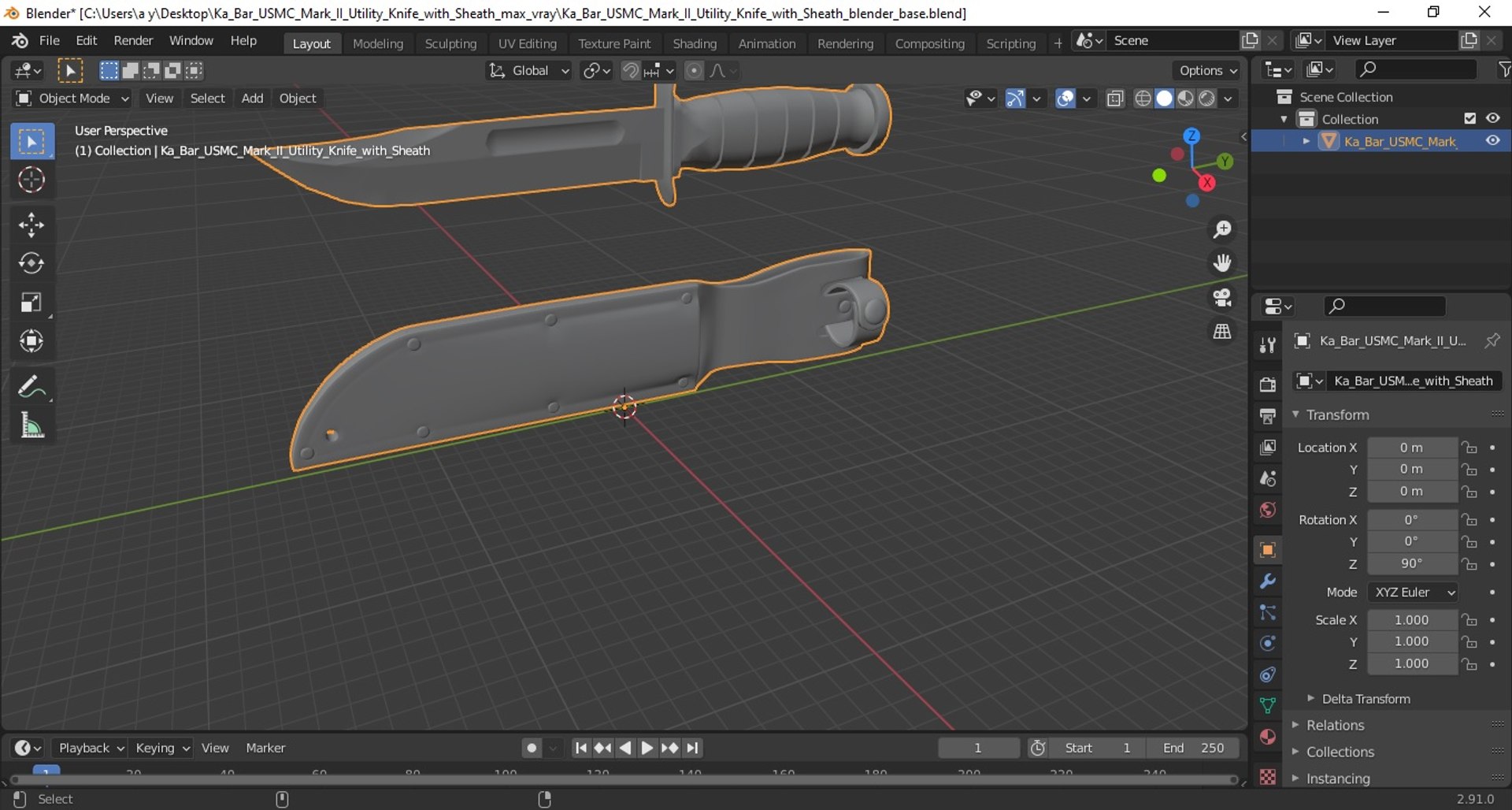 Ka Bar USMC Mark II Utility Knife with Sheath 3D model preview