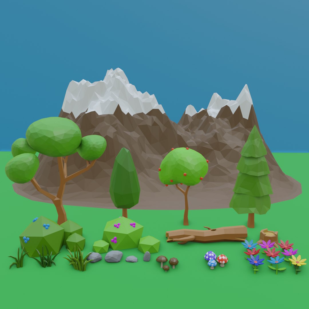 3d Low Poly Cartoon Trees Grass Plants And Rocks - Turbosquid 2098420