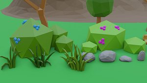 3D Low Poly Cartoon Trees Grass Plants and Rocks