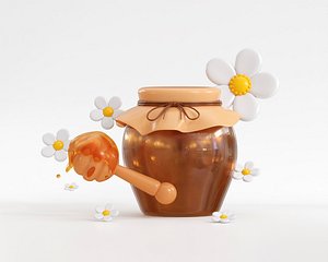 3D Honey dripping from dipper sticks with jar