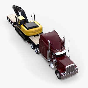 3D lowboy semi truck excavator