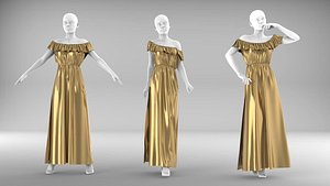 Long Golden Satin Dress 3D
