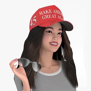 3D Smiling Chinese Woman in MAGA Cap