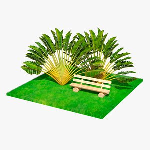 Ravenala Palm with Wooden Bench on Grass Green Fur