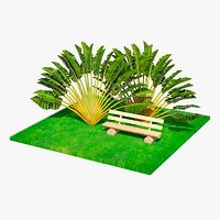 Ravenala Palm with Wooden Bench on Grass Green Fur