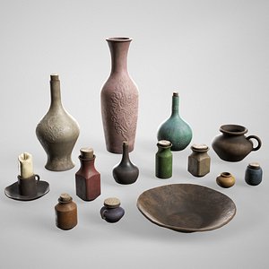3D Medieval Pottery Set - Ceramic Flasks Potions Bottles Jars Vases