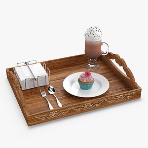 Wooden Serving Tray with Hot Beverage and Cupcake