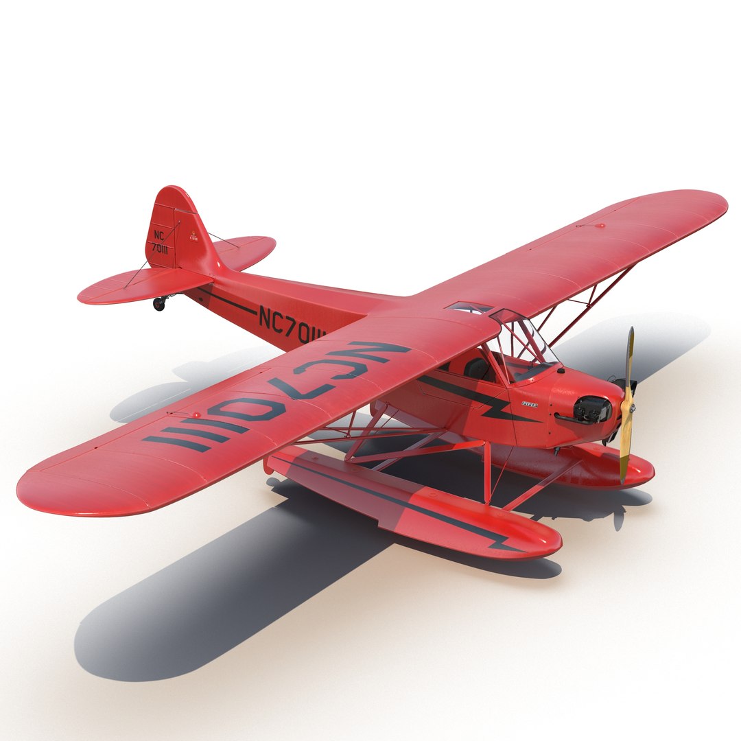 Light Aircraft Piper J-3 Seaplane Red 3D model preview