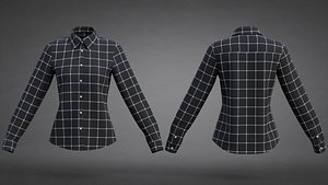 Womens Checkered Button-Up Shirt - Formal Dress Shirt 3D Model