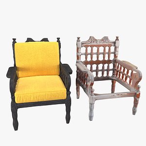 3D Old wood armchair before and after renewal