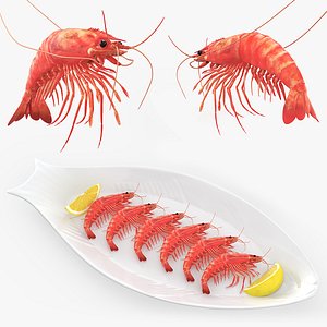Cooked Shrimp with Lemon Wedges on Plate 3D model
