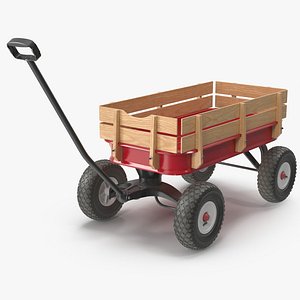 3D Red Steel Wagon With Wooden Sides 3D Model