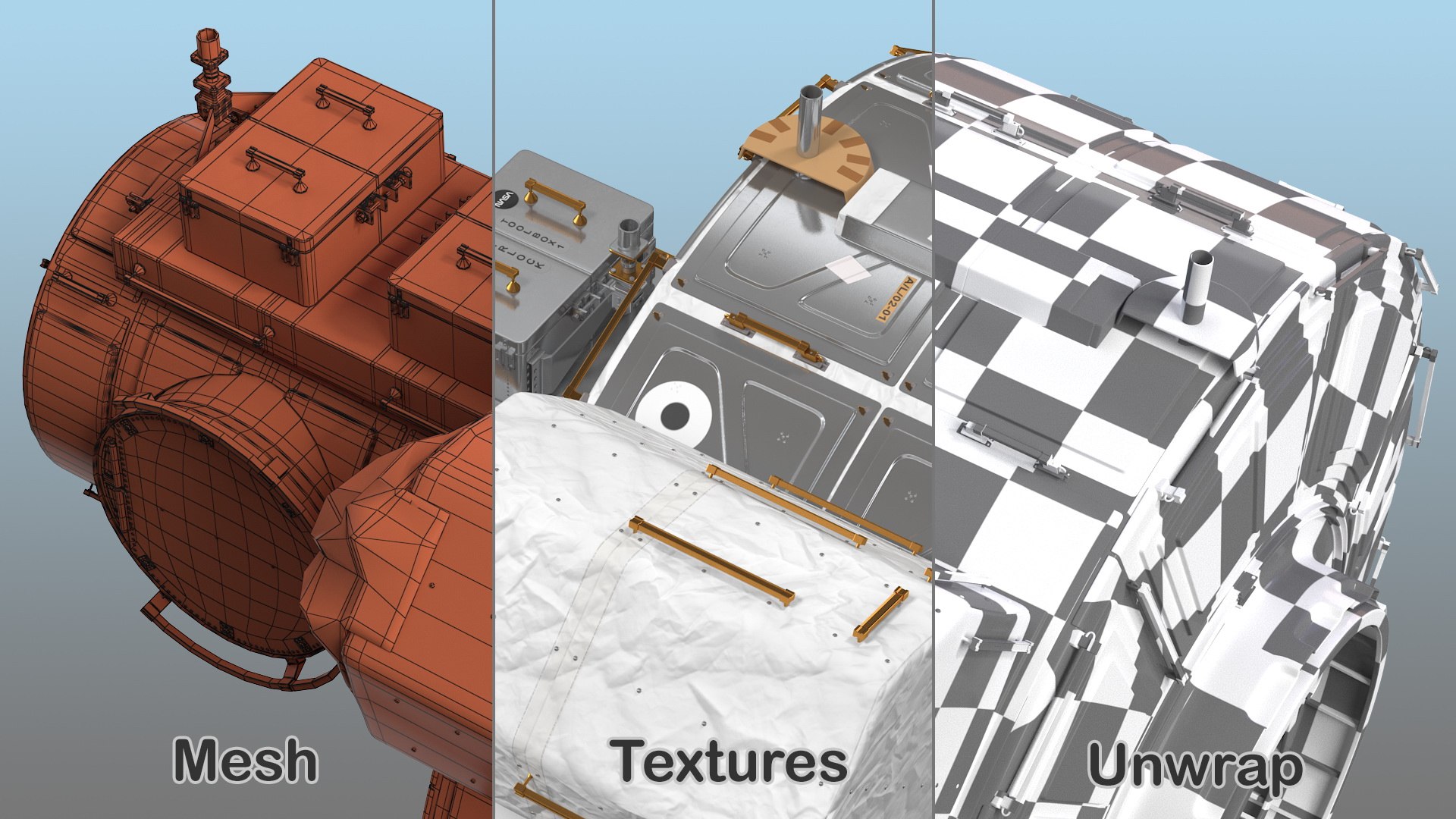 ISS Modules Collection 6 3D https://p.turbosquid.com/ts-thumb/Ps/ikLvOA/mZ/issmodulescollection63dsmodel020/jpg/1631192783/1920x1080/fit_q87/9438cc60be03b48e27f9563382d822895cda1d10/issmodulescollection63dsmodel020.jpg