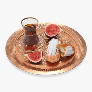 Turkish Tea Glass on Saucer with Eclairs Figs Tray model