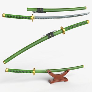 3D Green Katana a Saya a Sageo and Stand model