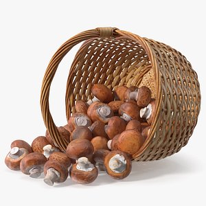 3D Wicker Basket with Portobello Mushrooms Overturned model