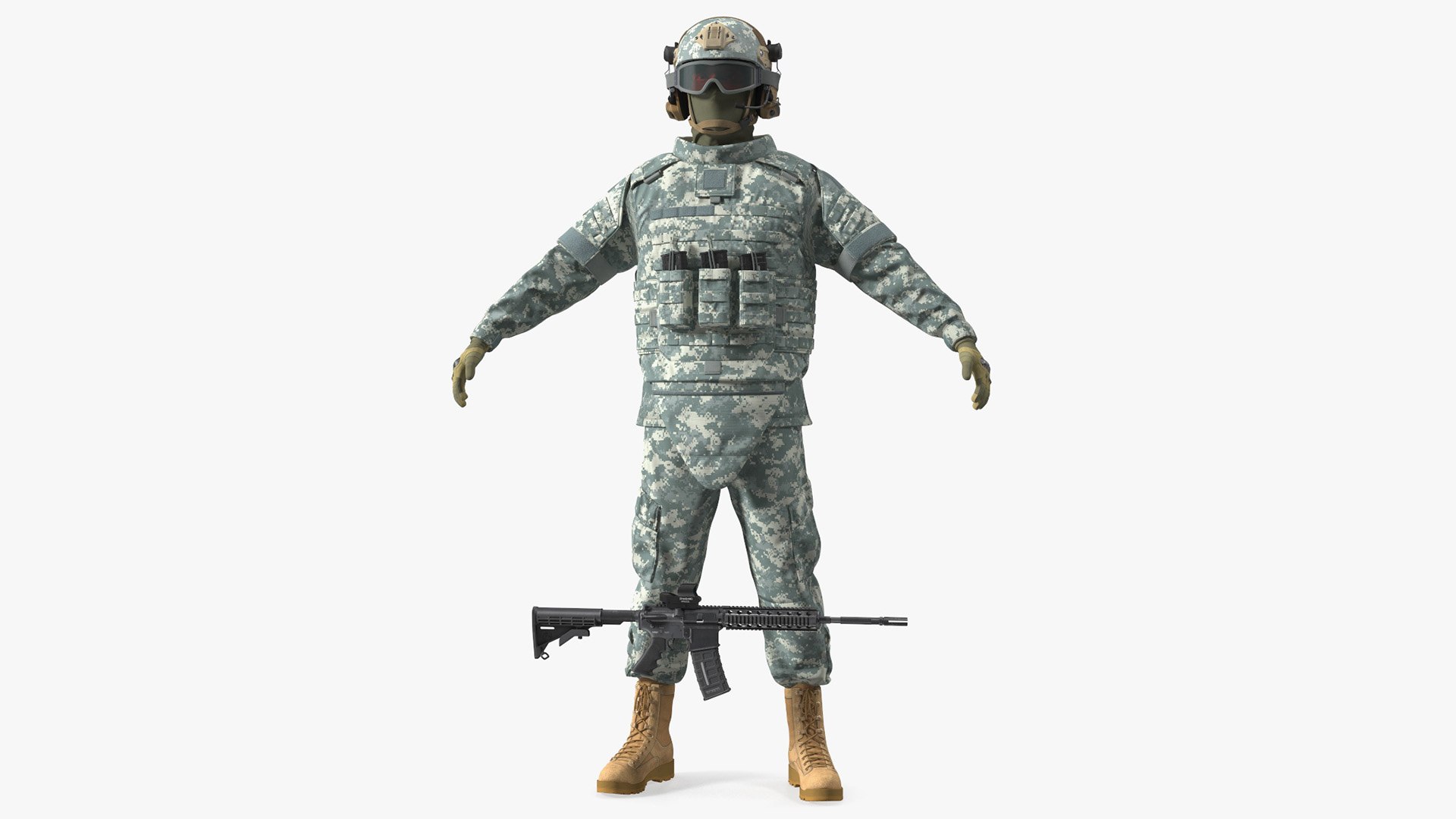 Army Soldier in Grey Camo A-pose Fur 3D model preview