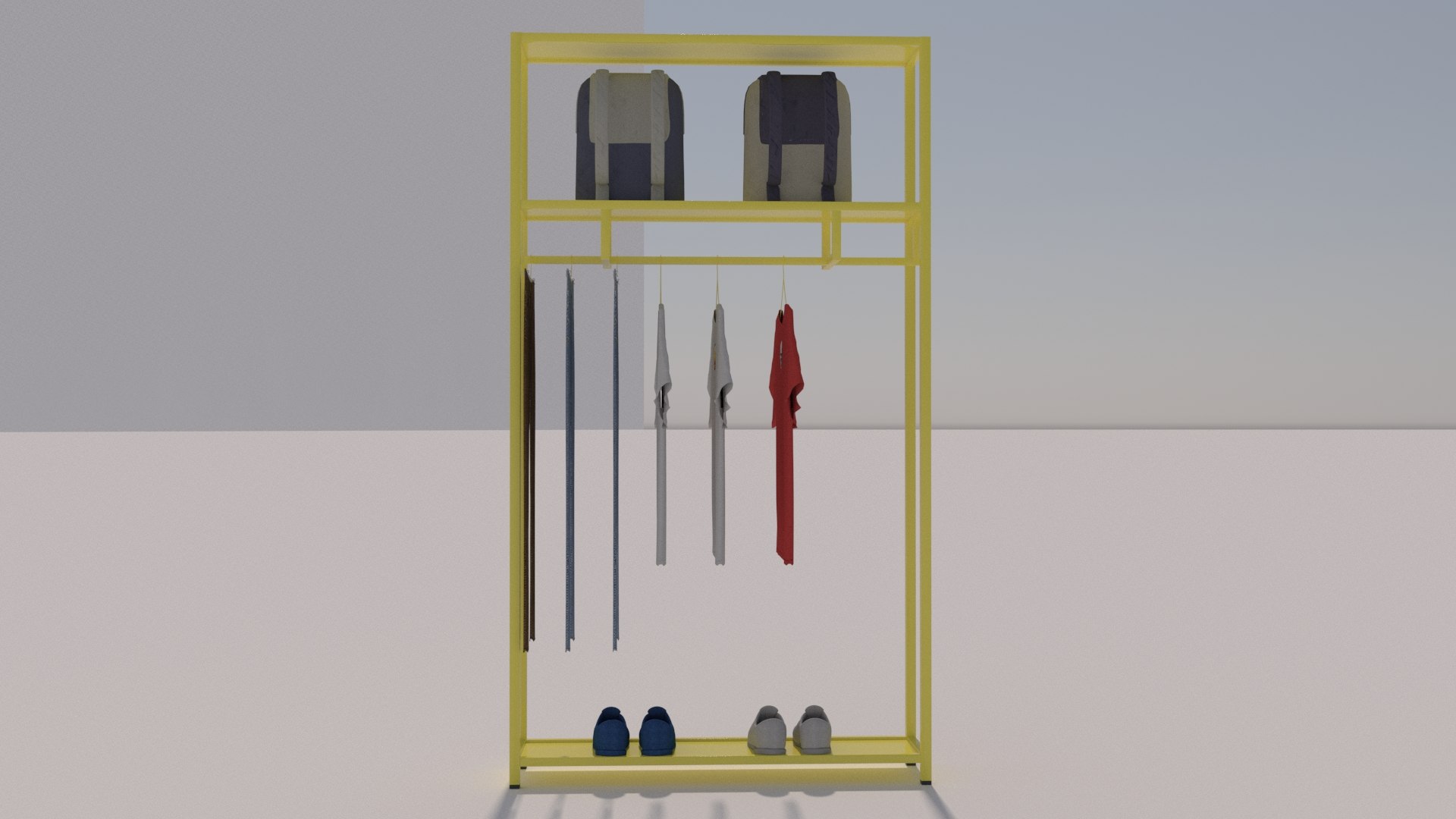Tshirts Jeans Sport Shoes and Backpack Rack 3D model https://p.turbosquid.com/ts-thumb/Pw/YkAQZn/CX/10005/jpg/1698344232/1920x1080/fit_q87/96b94ee9bdd578bd46874dc4e7aab1d5063c0023/10005.jpg