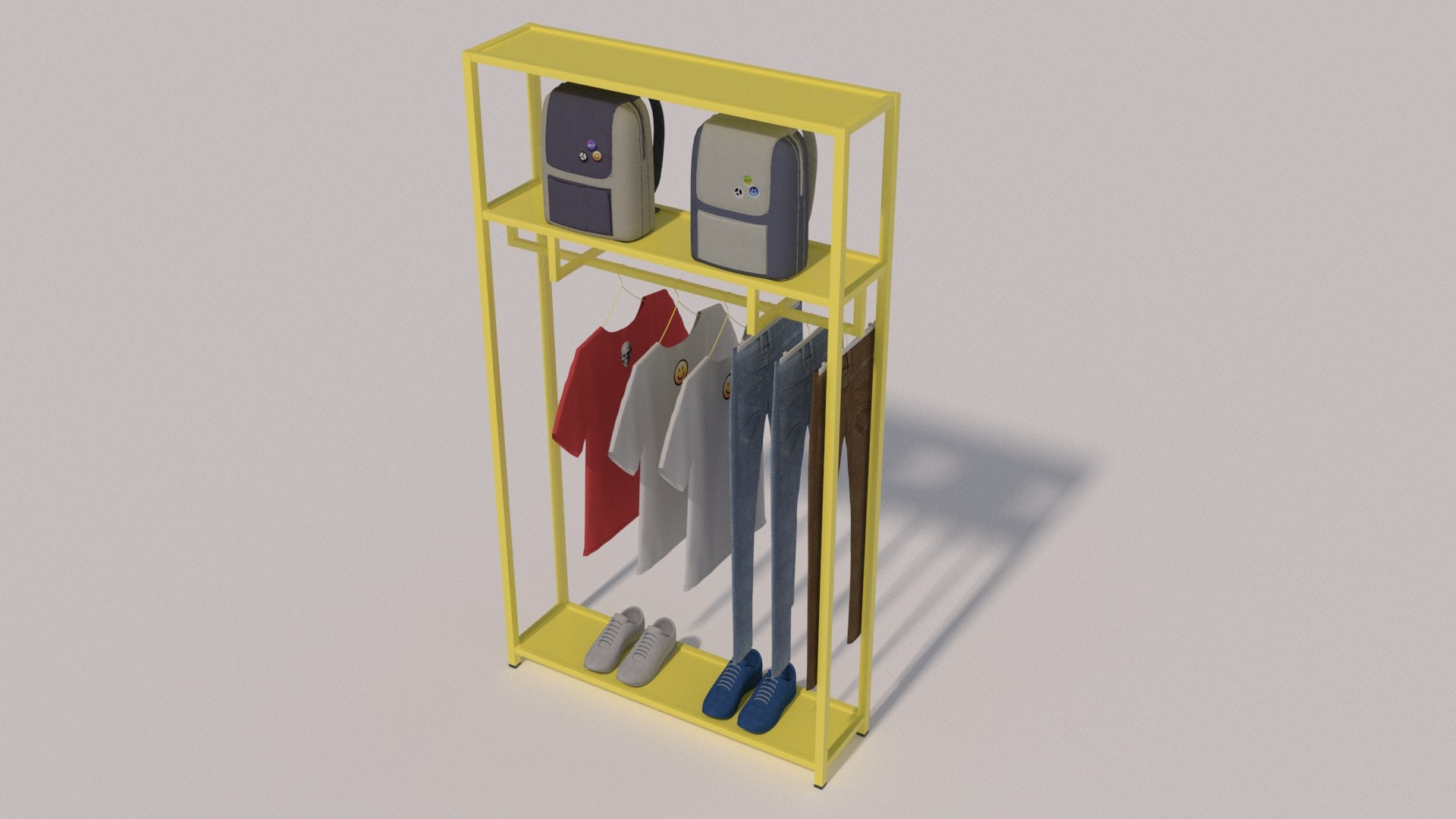 Tshirts Jeans Sport Shoes and Backpack Rack 3D model https://p.turbosquid.com/ts-thumb/Pw/YkAQZn/DW/10001/jpg/1698344224/1920x1080/fit_q87/242007740b65e361dd6f43bc7064c1c4cb93cf27/10001.jpg