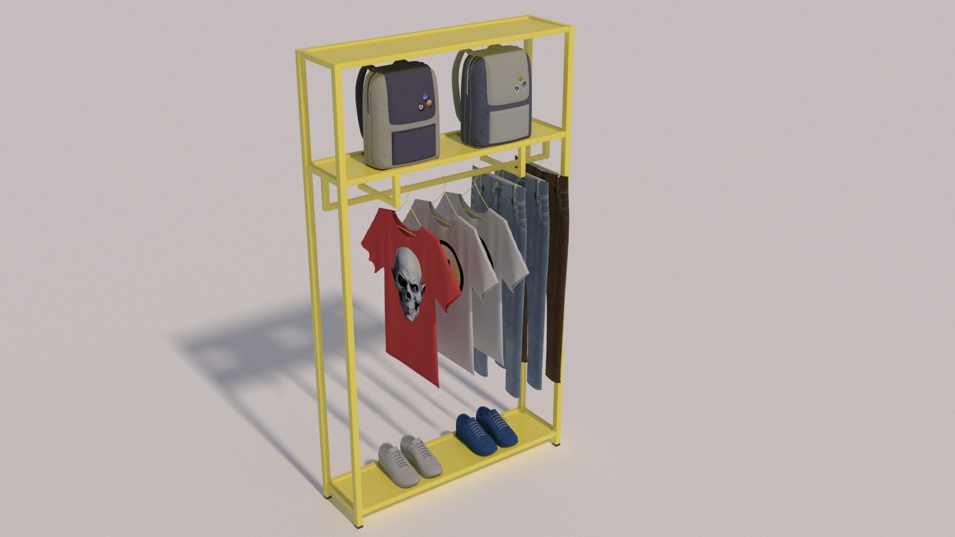Tshirts Jeans Sport Shoes and Backpack Rack 3D model - TurboSquid 2144277
