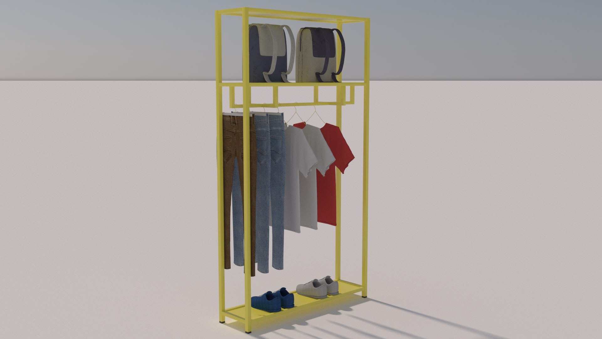 Tshirts Jeans Sport Shoes and Backpack Rack 3D model https://p.turbosquid.com/ts-thumb/Pw/YkAQZn/ZV/10002/jpg/1698344224/1920x1080/fit_q87/a26d3ee5958480e3d02129fe52e55a91061b4433/10002.jpg