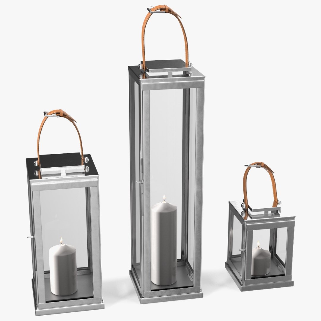 Glass and Metal Candle Lantern Set 3D model preview
