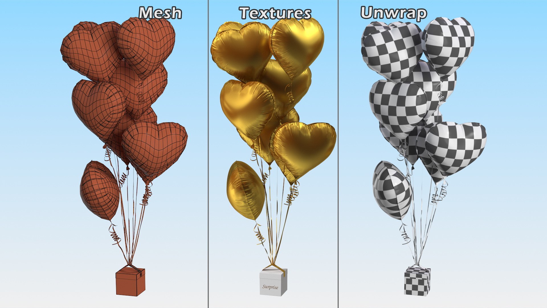 Heart Shaped Matte Gold Balloons Tied To Gift Box 3D Model - TurboSquid ...