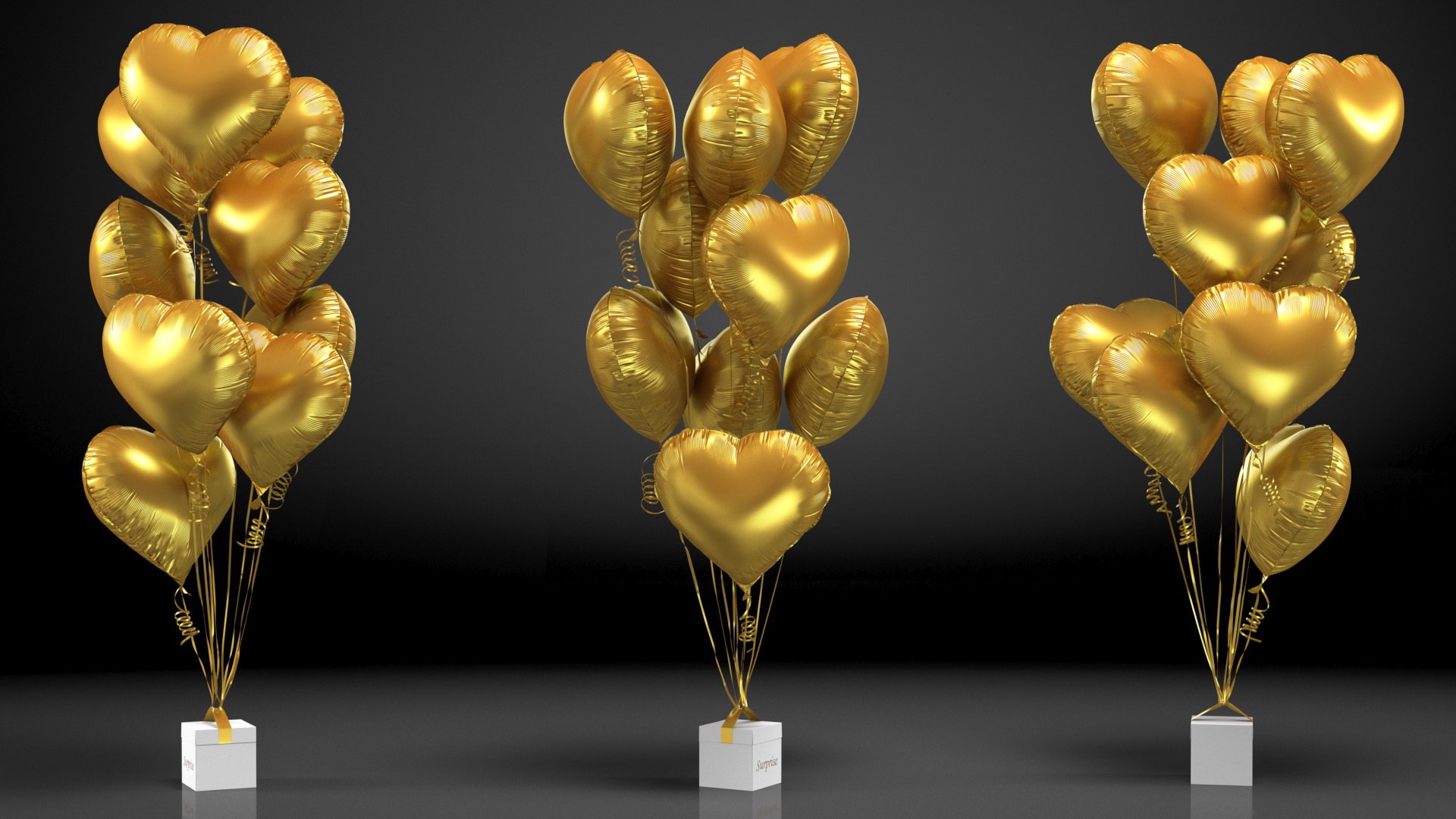 Heart Shaped Matte Gold Balloons Tied To Gift Box 3D Model - TurboSquid ...