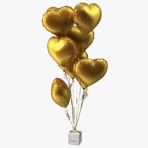 Heart Shaped Matte Gold Balloons Tied to Gift Box 3D model