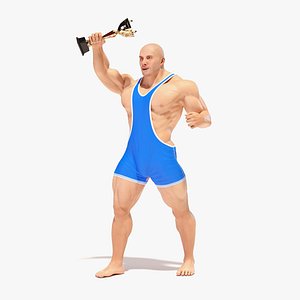 Bodybuilder in Blue Leotard and Trophy Cup