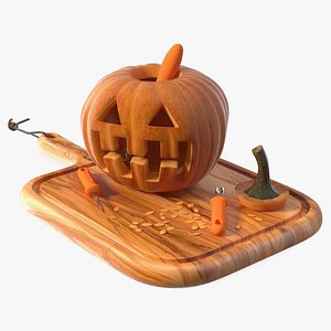 Carved Pumpkin with Seeds and Tools on Wooden Board