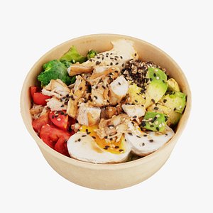 Poke bowl lunch with eggs chicken avocado tomatoes rice chuka algae seaweed