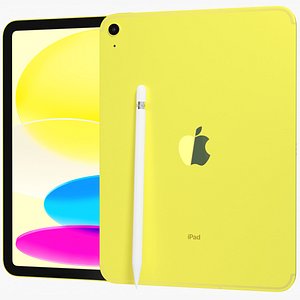 3D Apple iPad 2022 10th gen WiFi-Cellular with Pencil Yellow