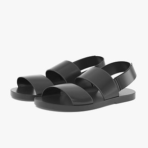 3D black leather sandals