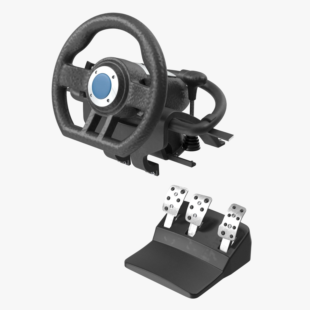 Racing Game Steering Wheel with Pedal 3D model preview