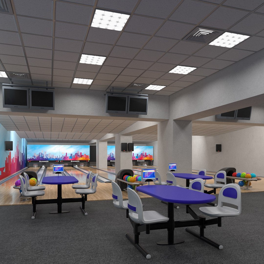 Bowling Center Interior with Furniture 3D model preview