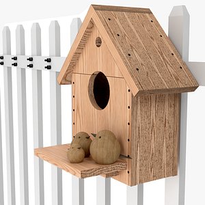 Bird House with White Picket Fence Section