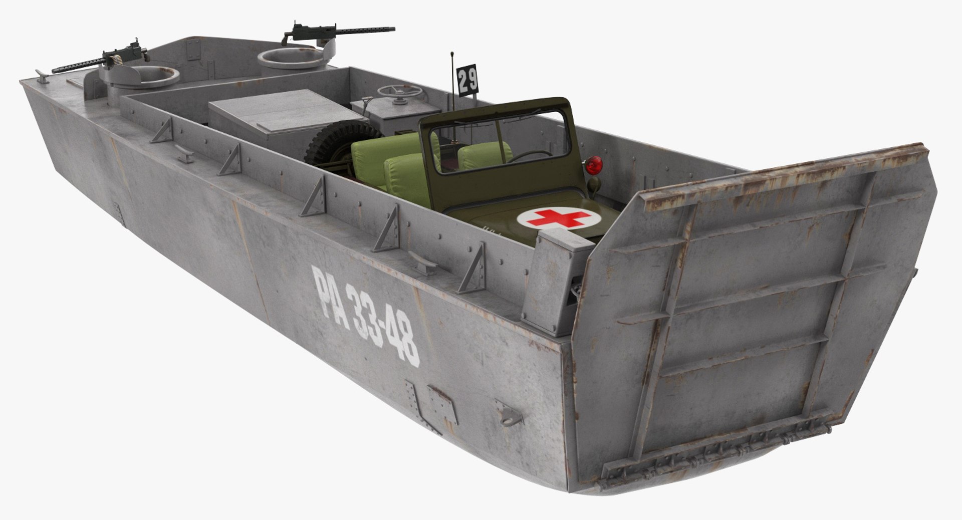 Higgins Boat with Ambulance Jeep 3D Model 3D model preview