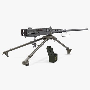 Machine Gun Browning M2 on Tripod with Ammunition Box