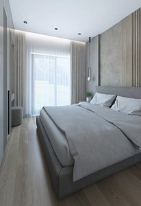 A cozy bedroom with a decorative brown wall 3D model