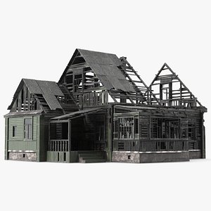 3D Burnt Wooden Down House Green model