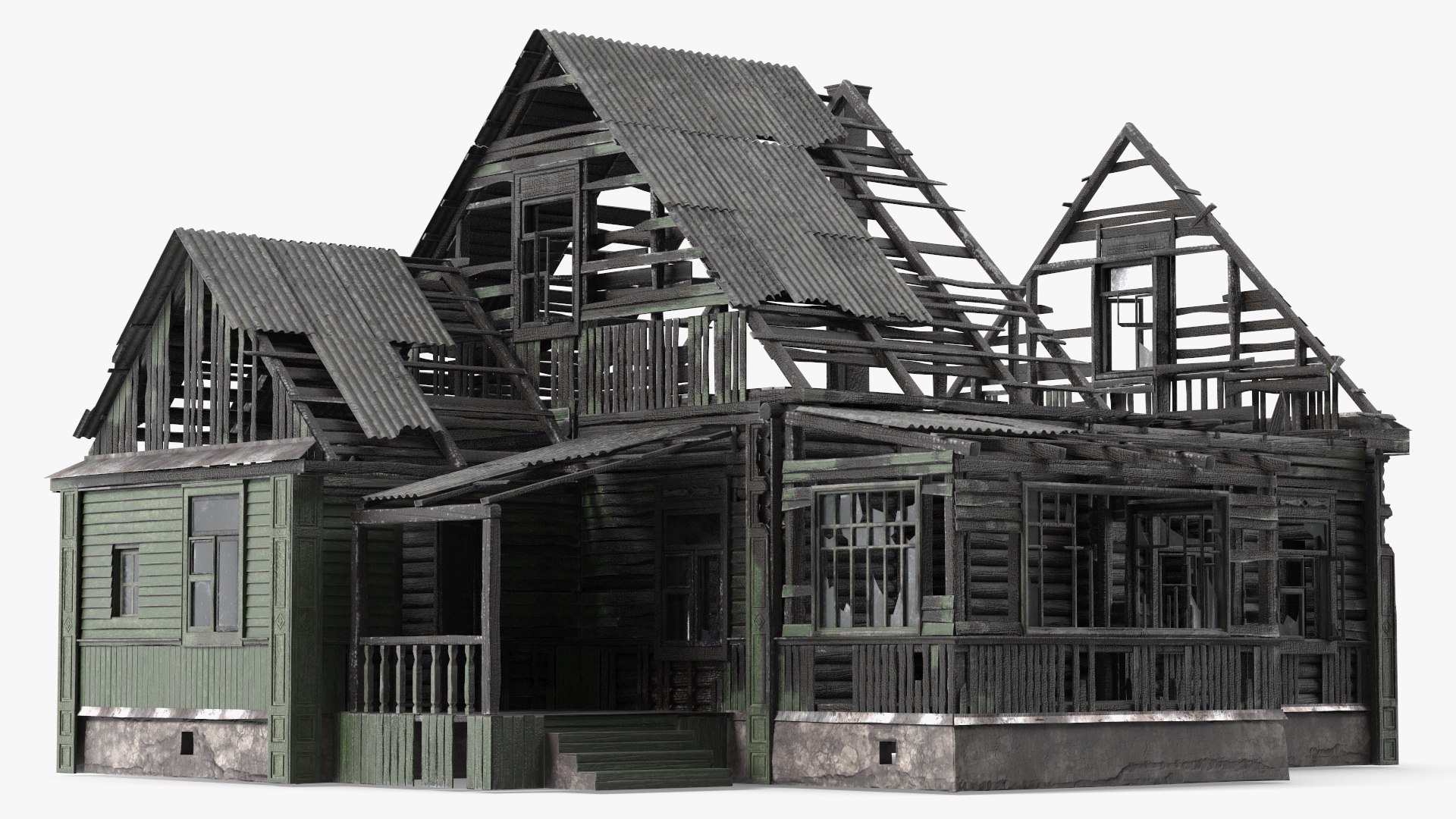 Burnt Wooden Down House Green 3D model preview