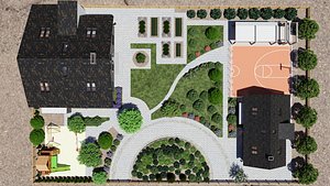 Highly detailed 3d scene of two Houses with garden landscape 3D model